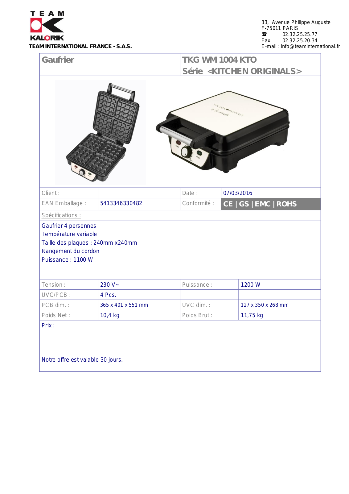 Kalorik TKG WM 1004 KTO product sheet