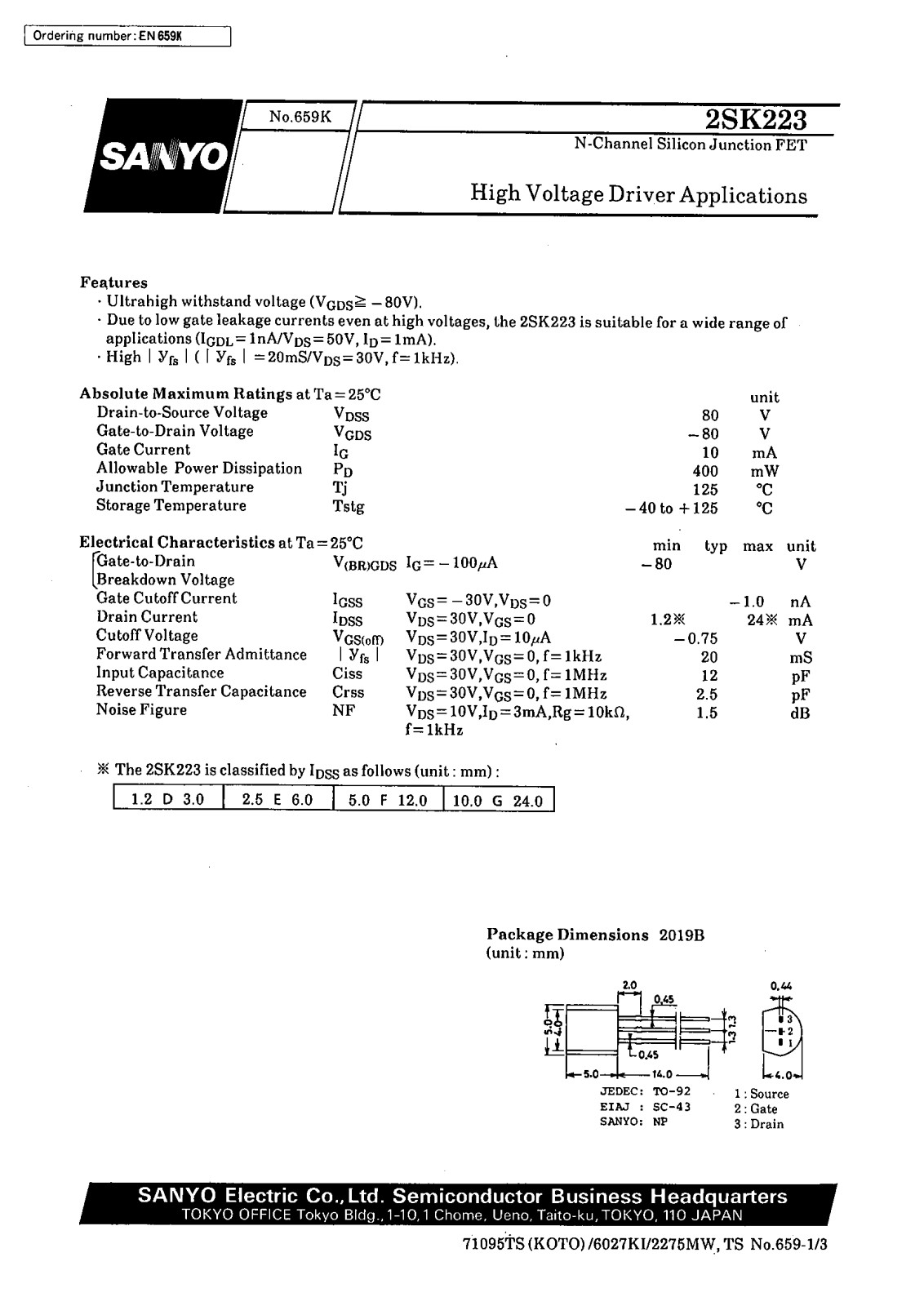 SANYO 2SK223 Datasheet