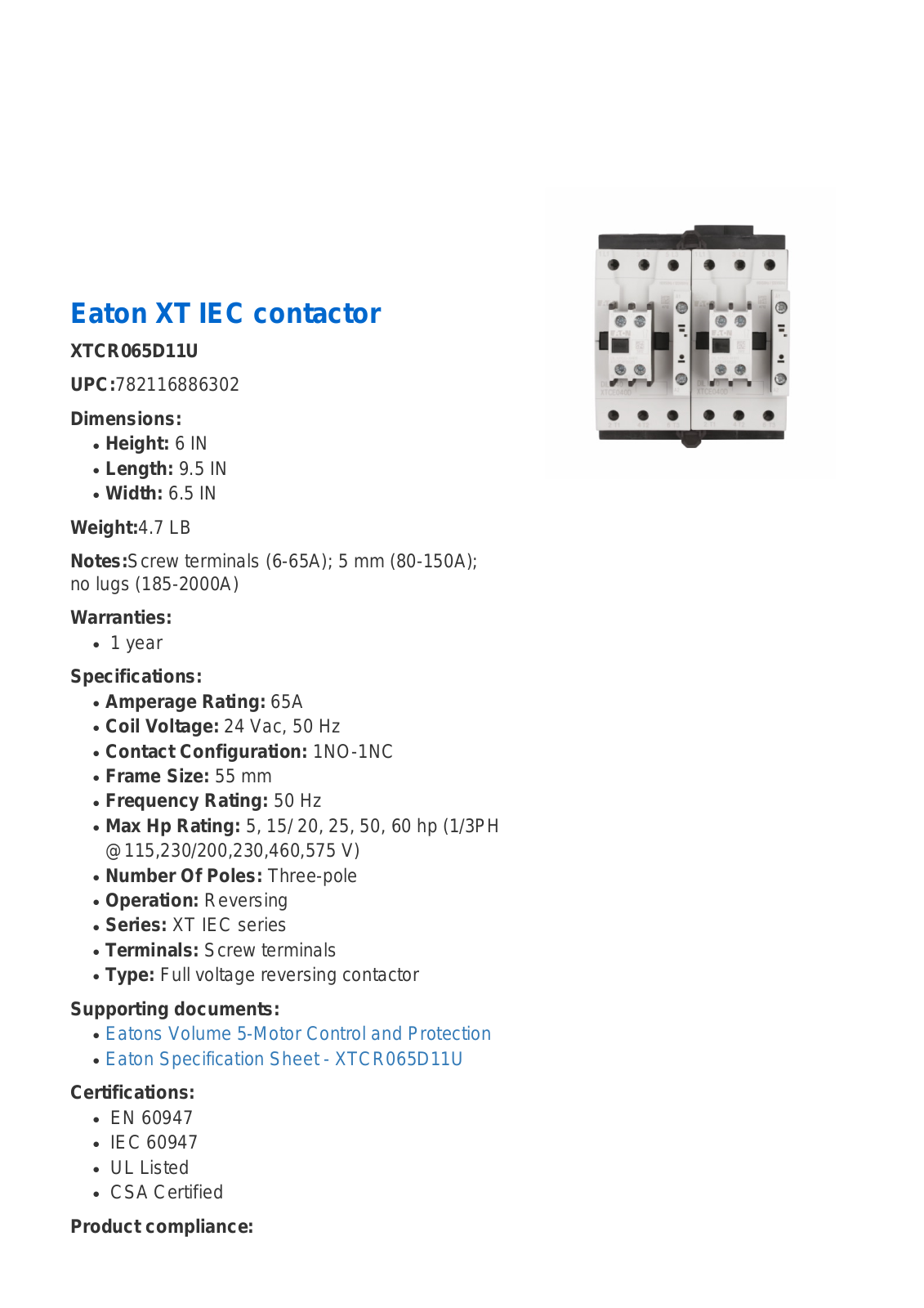 Cutler Hammer, Div of Eaton Corp XTCR065D11U Data Sheet