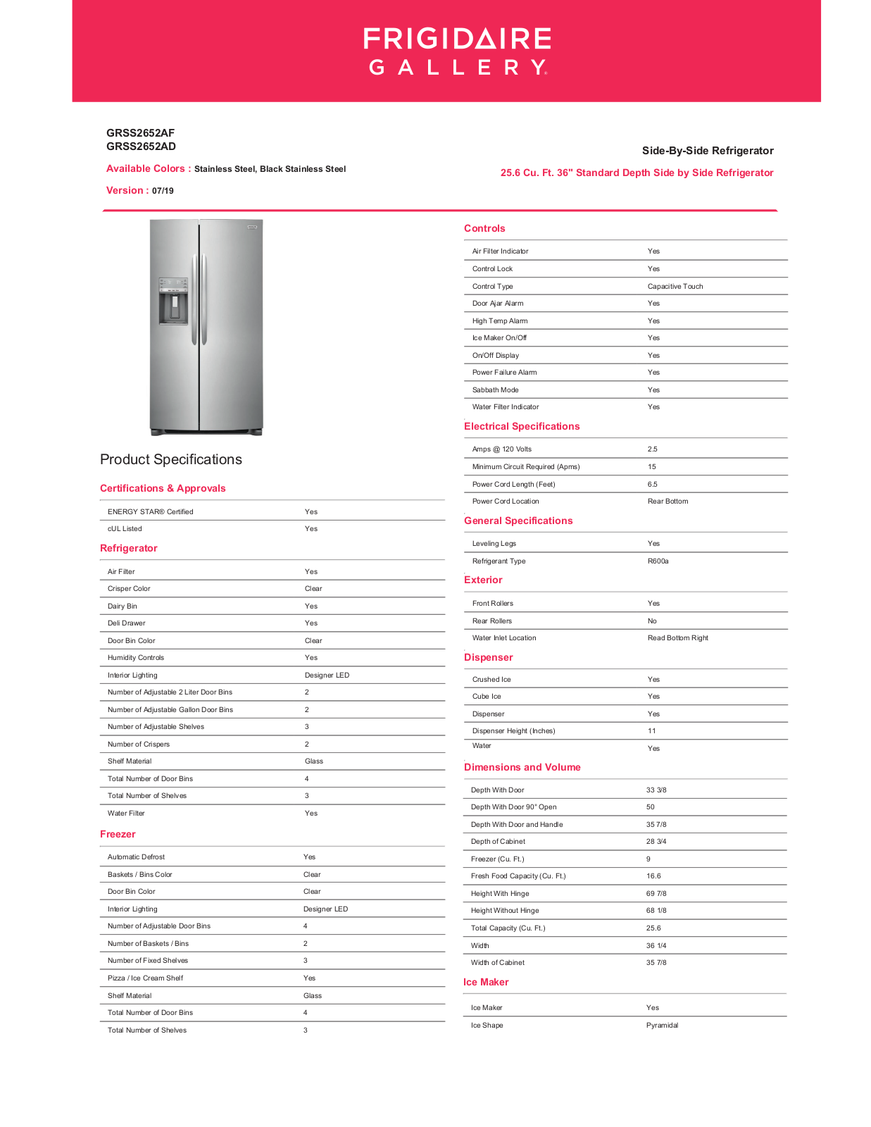 Frigidaire GRSS2652AF PRODUCT SPECIFICATIONS