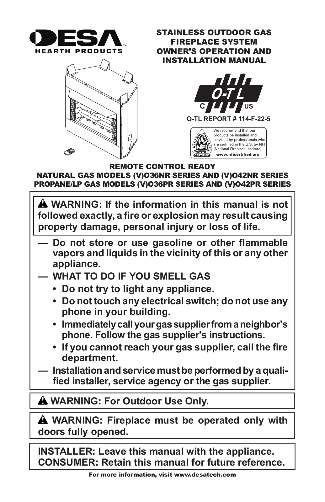 Desa V036NR, V036PR, V042NR, V042PR Owner's Operation And Installation Manual