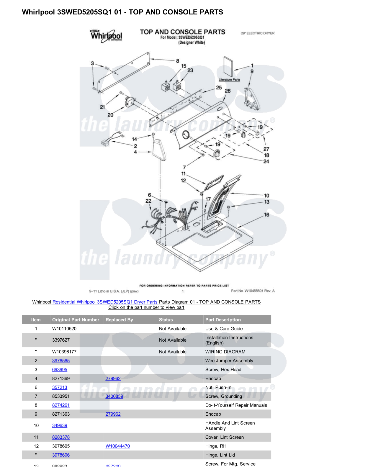 Whirlpool 3SWED5205SQ1 Parts Diagram