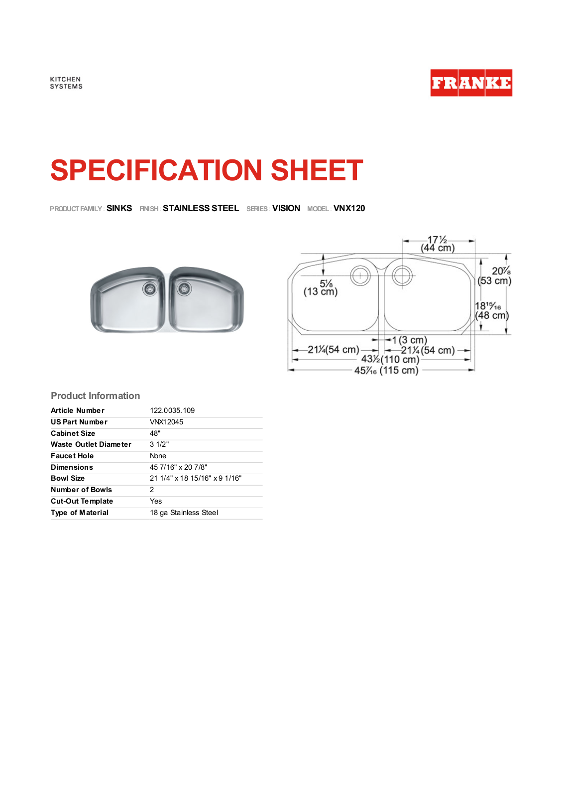 Franke Foodservice VNX120 User Manual