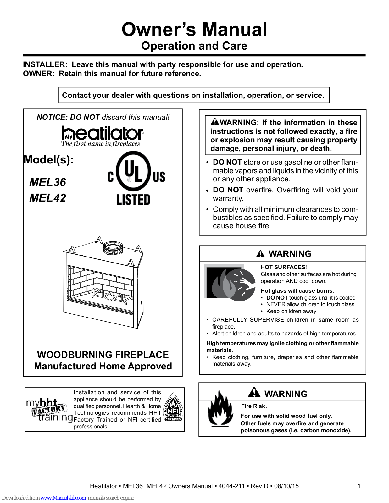 Heatilator MEL36, MEL42 Owner's Manual