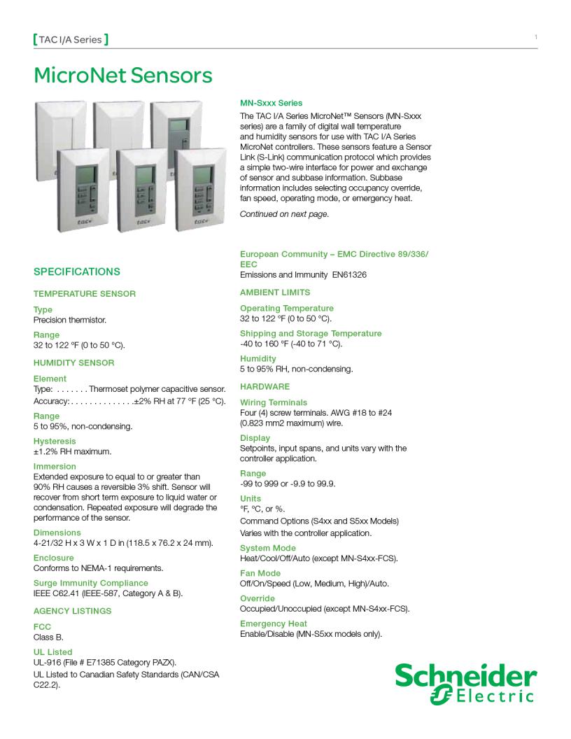Schneider Electric TAC I/A Series Data Sheet