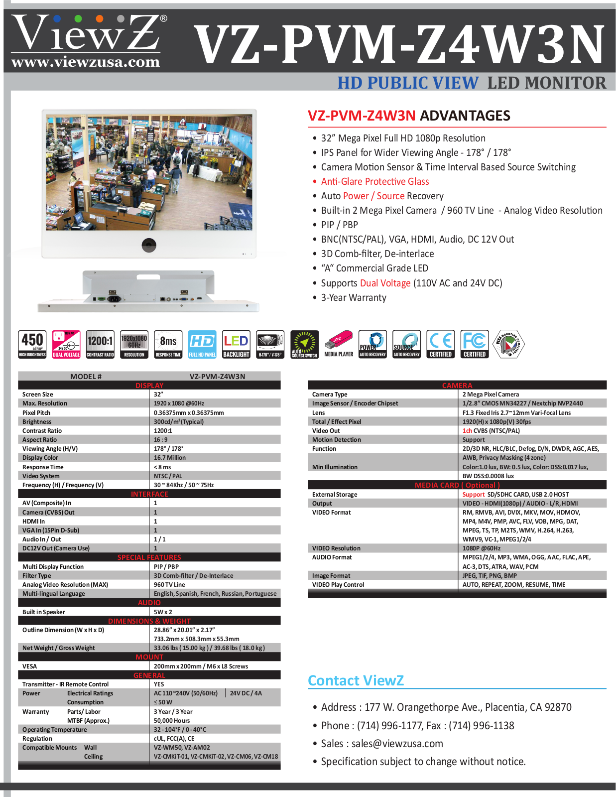 ViewZ VZ-PVM-Z4W3N Specsheet