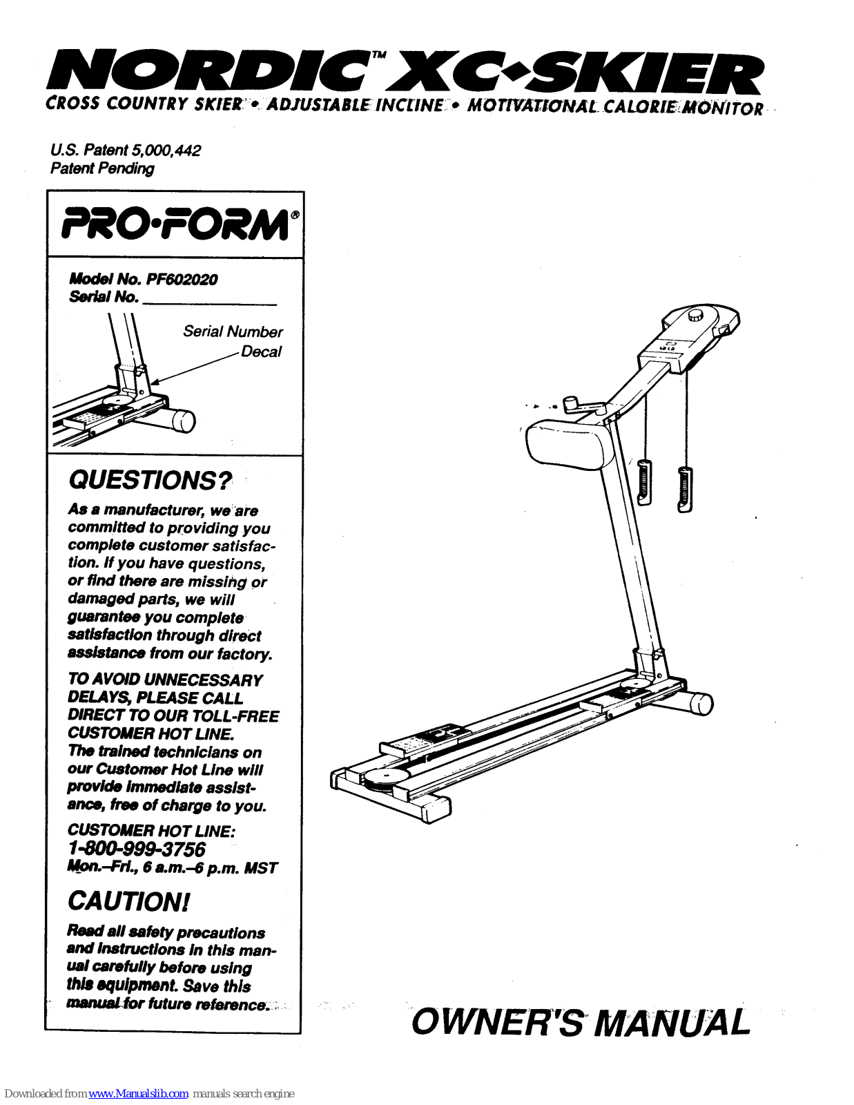 Pro-Form Nordic XC-Skier, PF602020 Owner's Manual