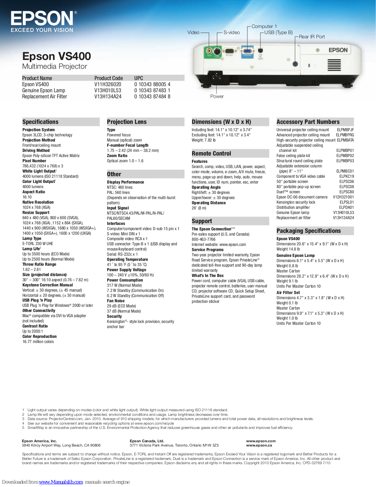 Epson PowerLite VS400 Specifications - ManualMachine.com