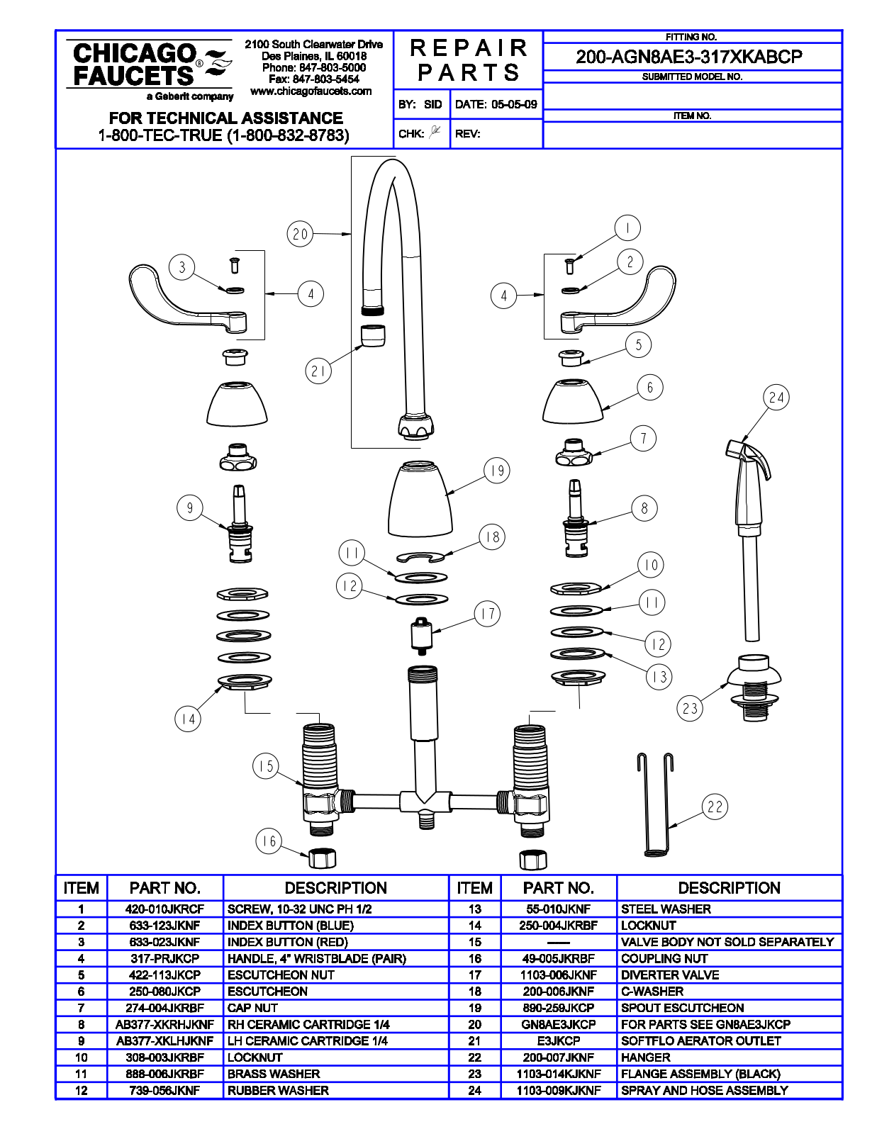 Chicago Faucet 200-AGN8AE3-317XKAB Parts List