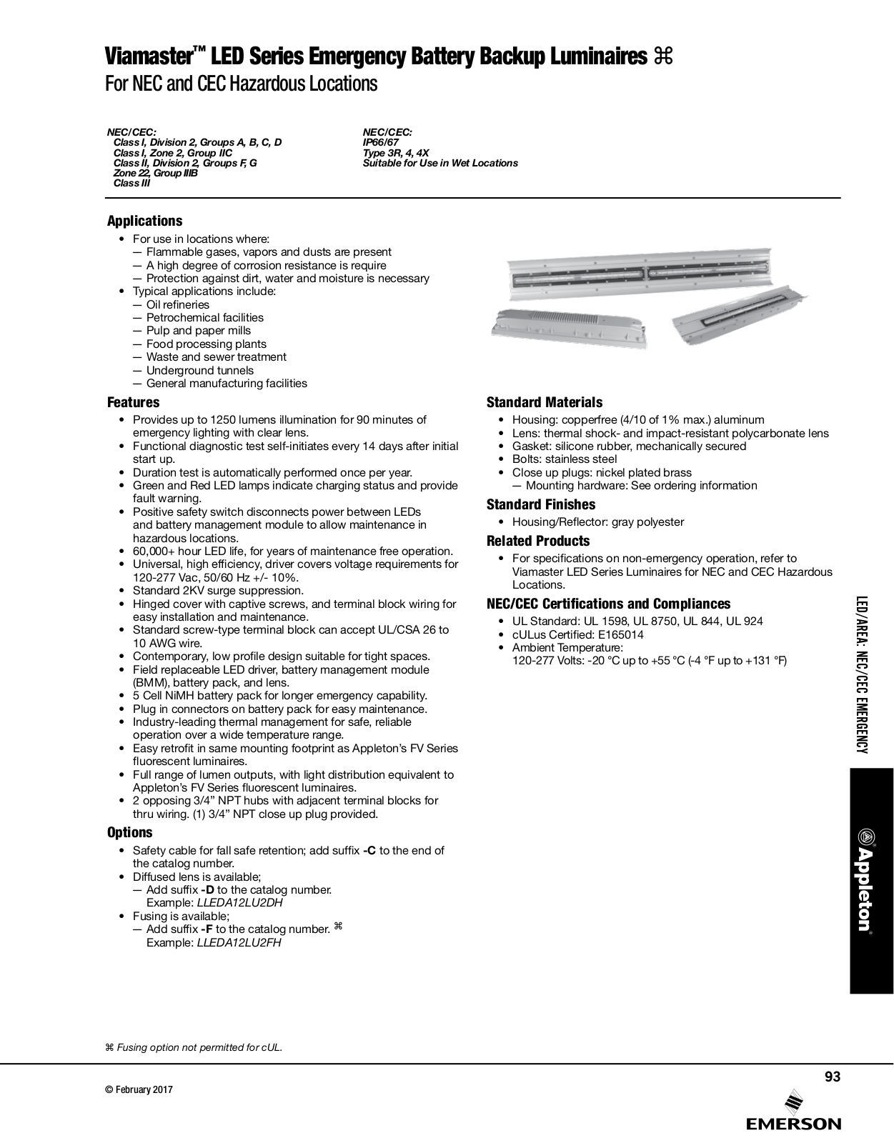 Appleton Viamaster™ LED Series Emergency Battery Backup Luminaires Catalog Page