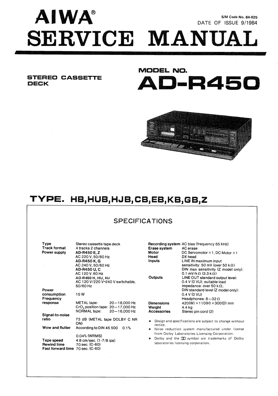 Aiwa ADR-450 Service manual