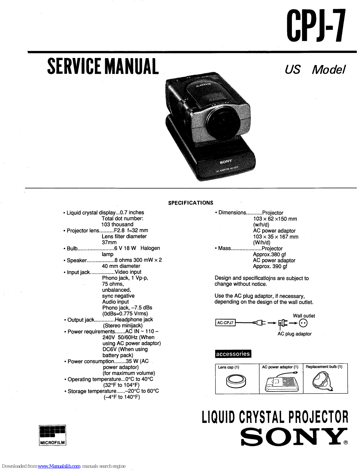 Sony CPJ-7 - Lcd Projector, CPJ-7 Service Manual