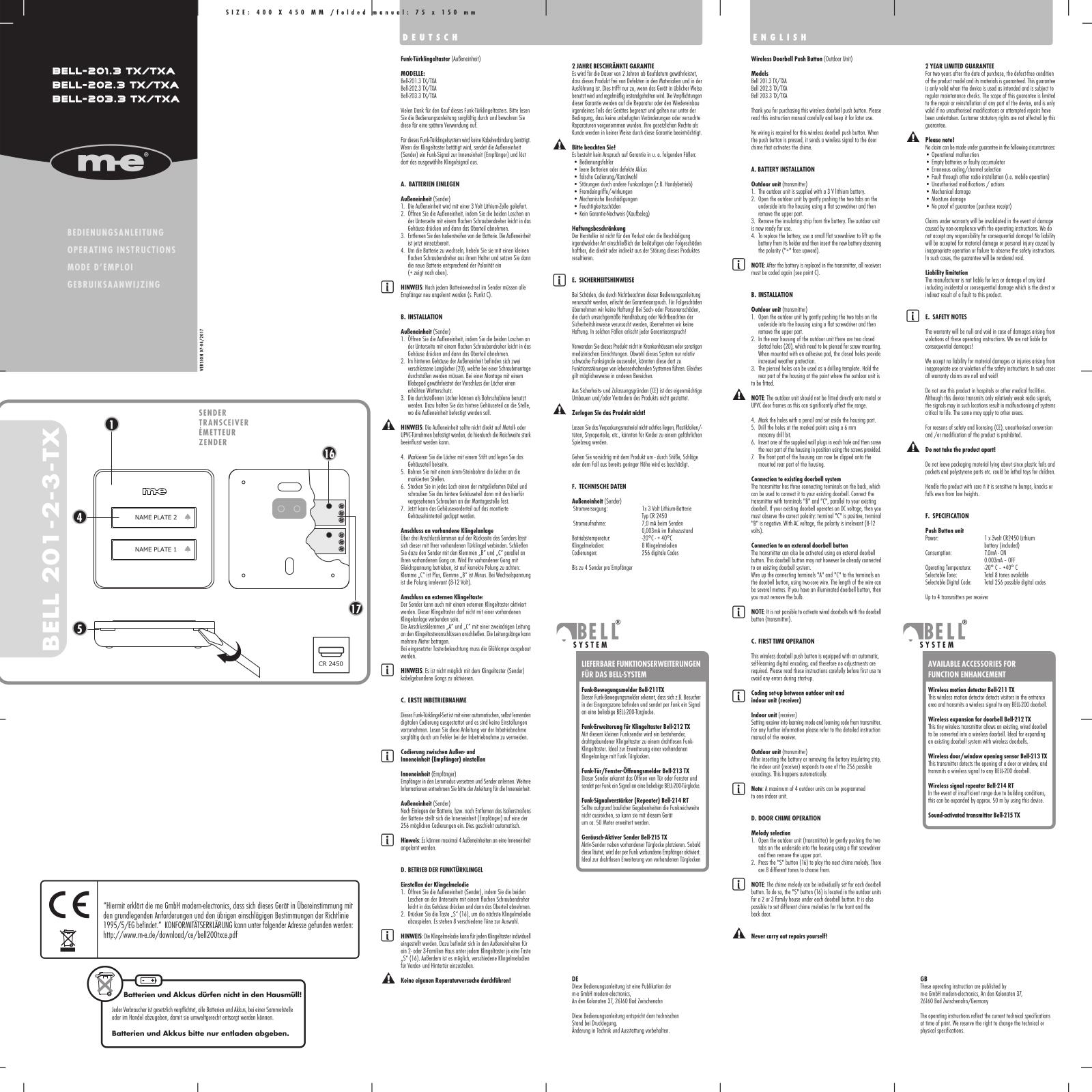 m-e modern-electronics Bell-201.3 TX, Bell-202.3 TX, Bell-203.3 TX, Bell-201.3 TXA, Bell-202.3 TXA Operating Instructions