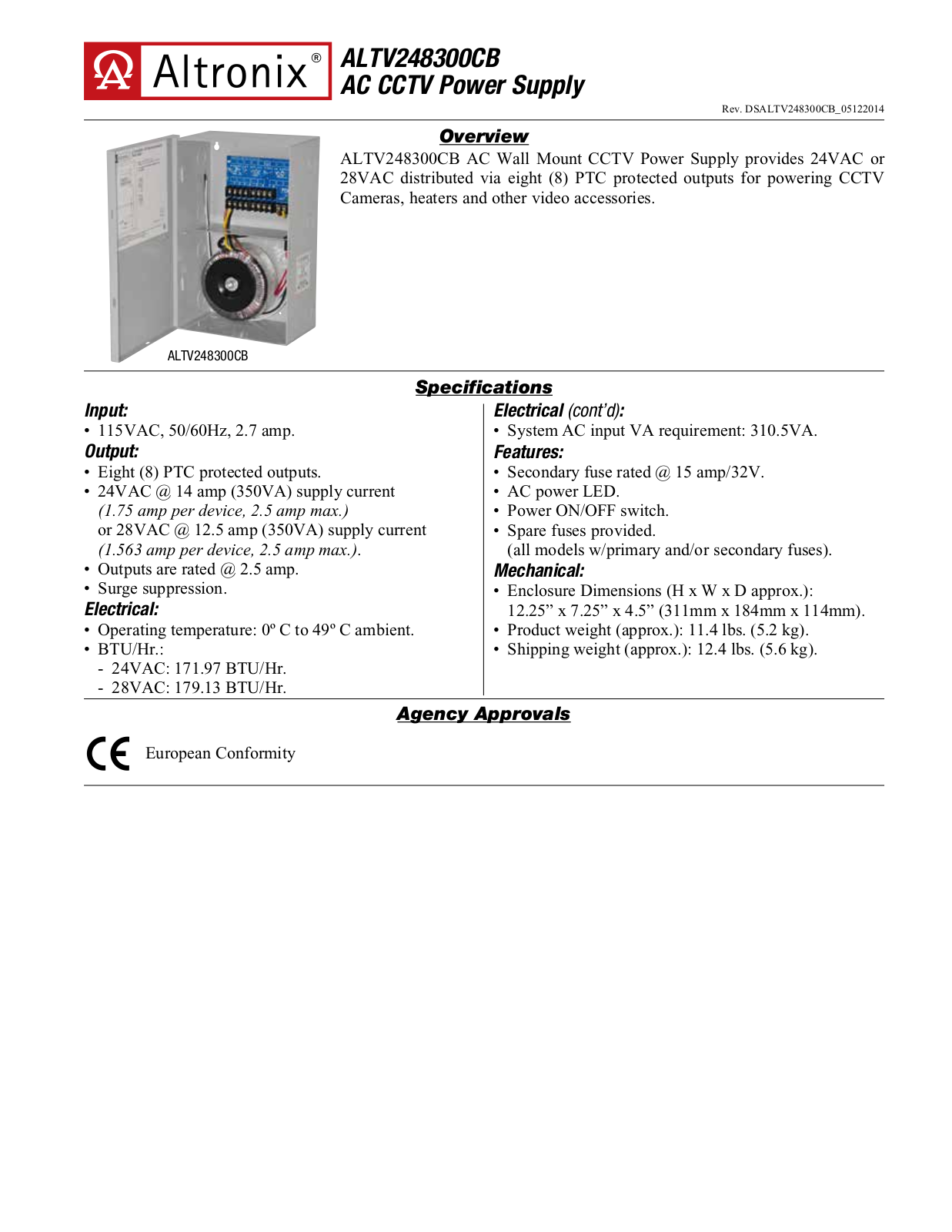 Altronix ALTV248300CB Specsheet