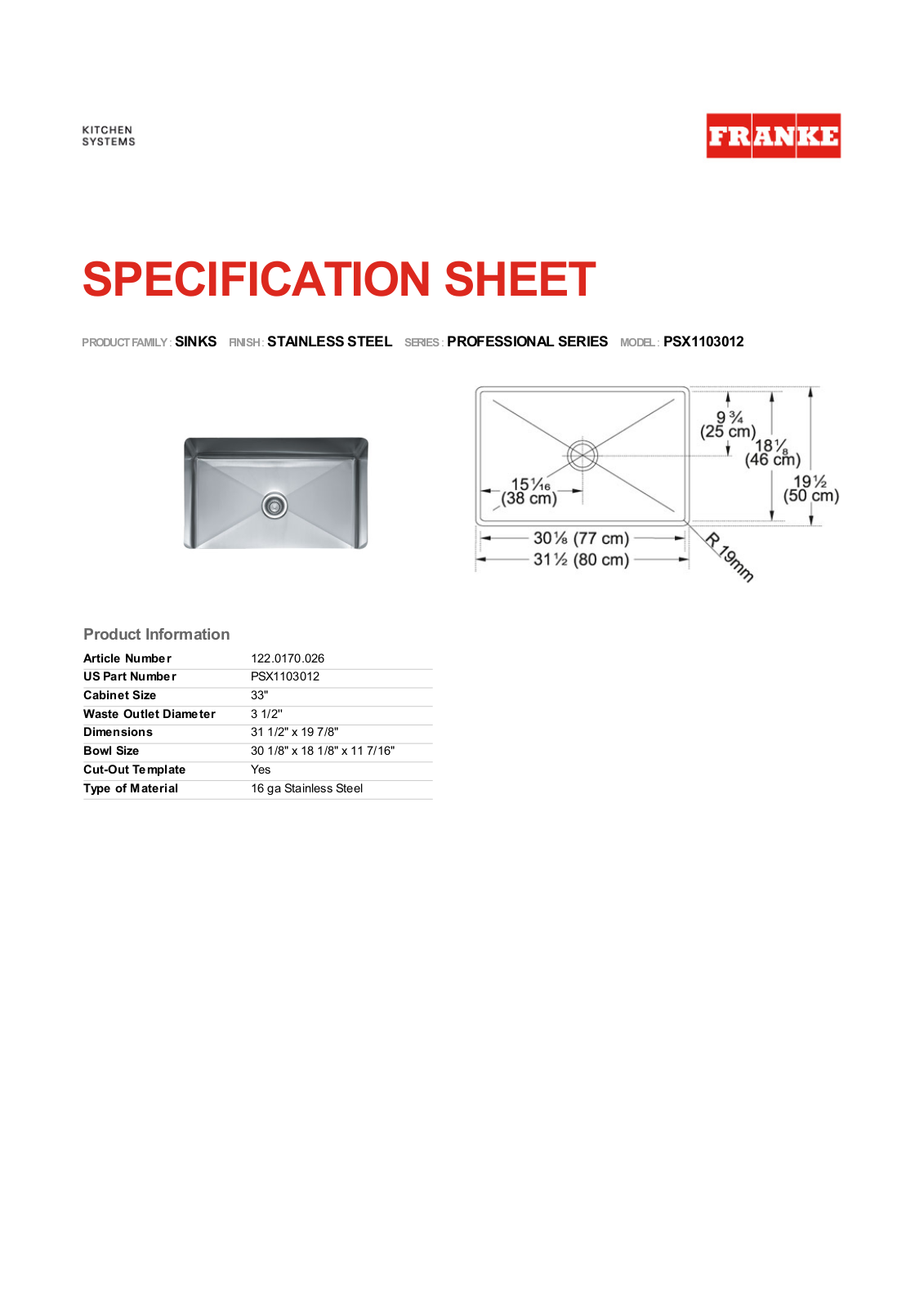 Franke Foodservice PSX1103012 User Manual