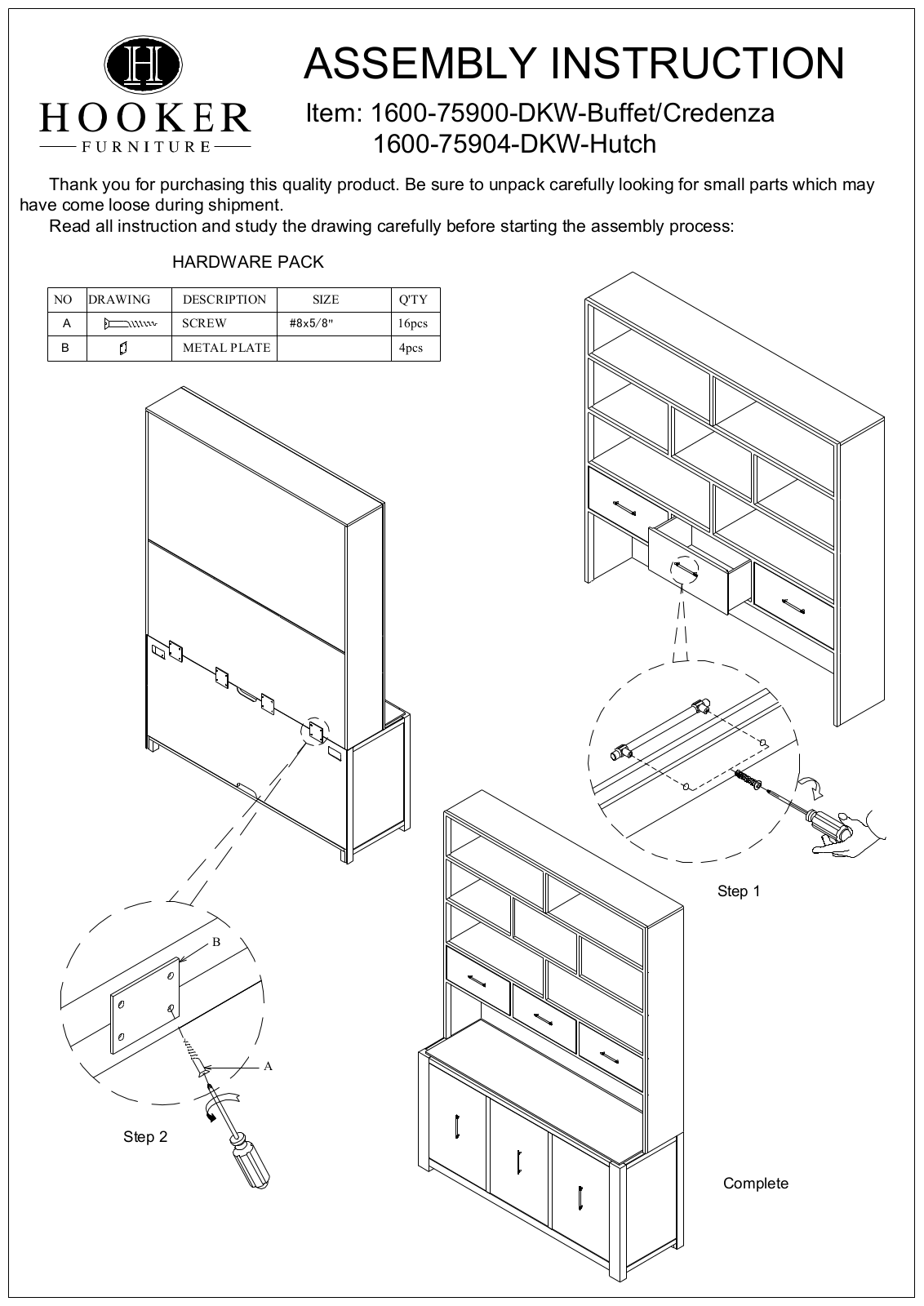 Hooker Furniture 160075900DKW Assembly Guide