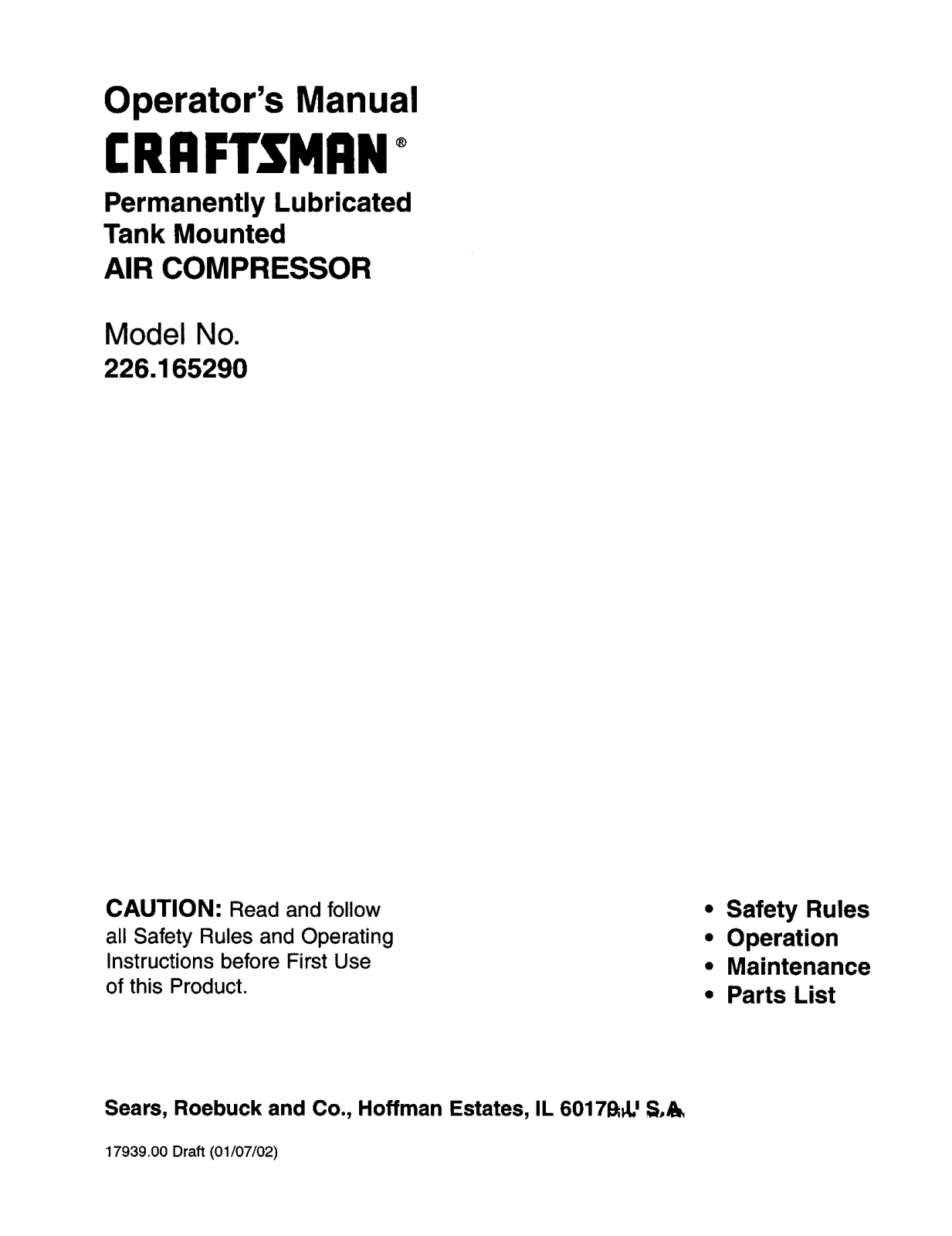Craftsman 226165290 Owner’s Manual