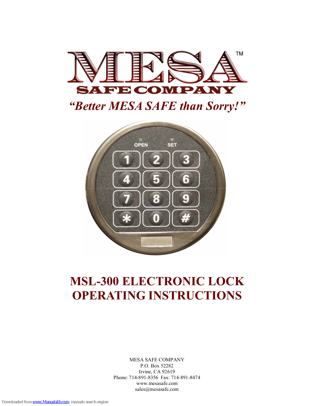 Mesa MSL-300 Operating Instructions Manual