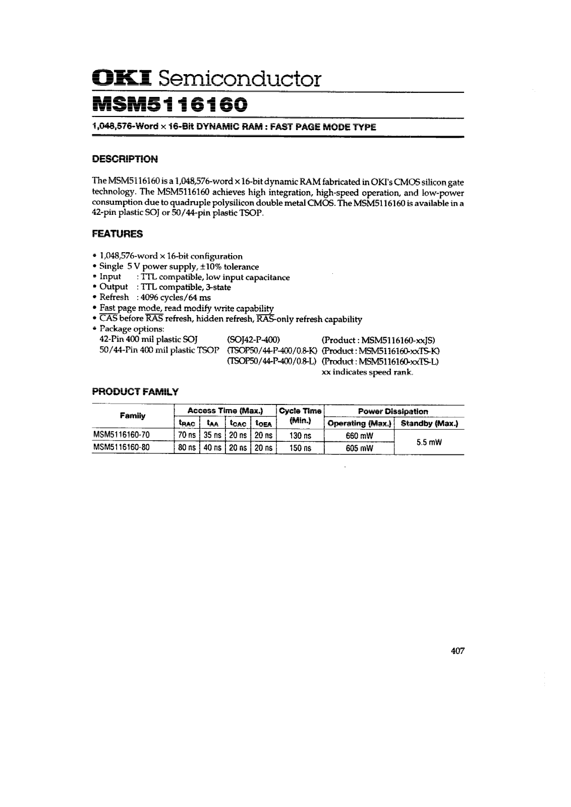 OKI MSM5116160-80TL, MSM5116160-80JS, MSM5116160-70TK, MSM5116160-80TK, MSM5116160-70TL Datasheet