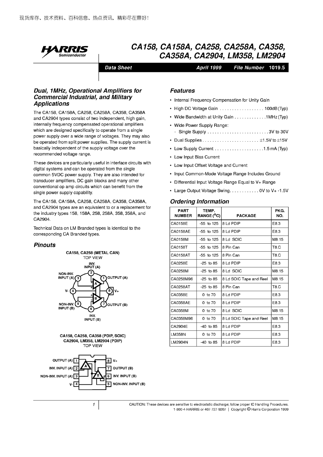 HARRIS Semiconductor CA158A, CA258, CA258A, CA358, CA358A Service Manual