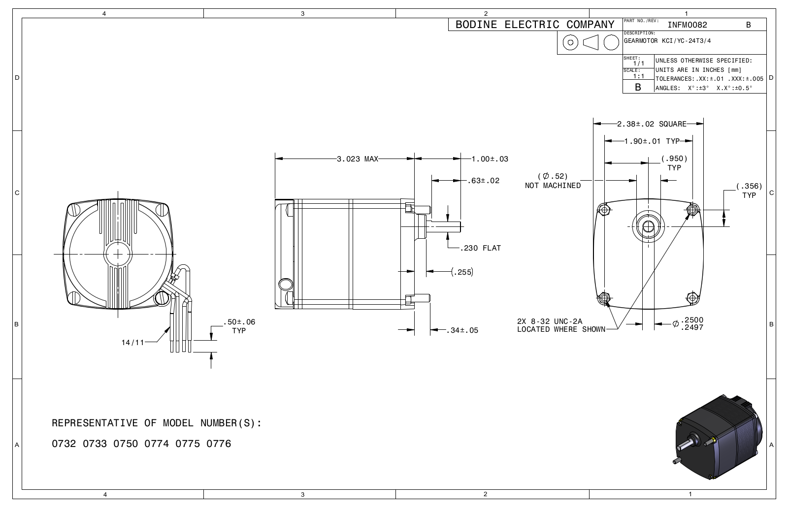 Bodine 0732, 0733, 0750, 0774, 0775 Reference Drawing