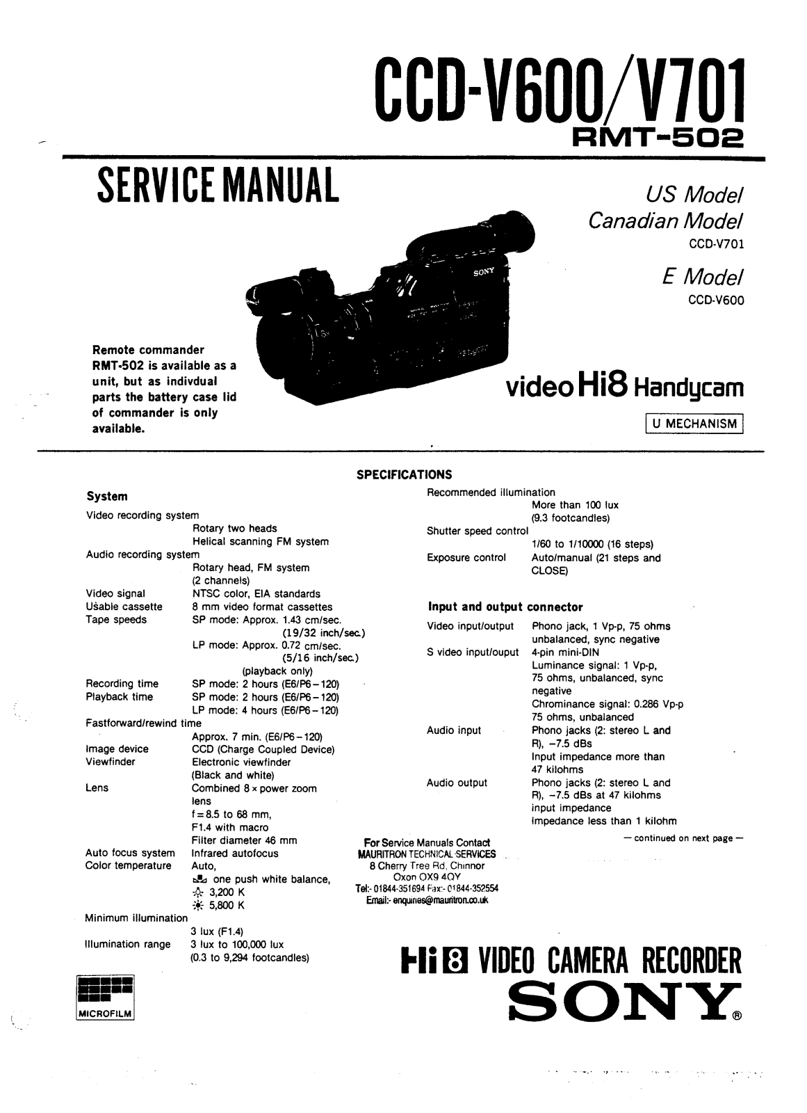 SONY CCD-V600, CCD-V701 Service Manual
