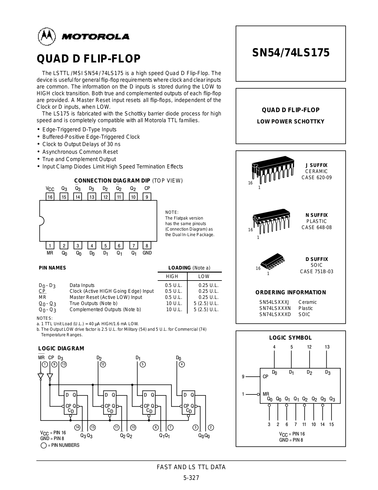 Motorola SN54LS175J, SN74LS175D, SN74LS175N Datasheet