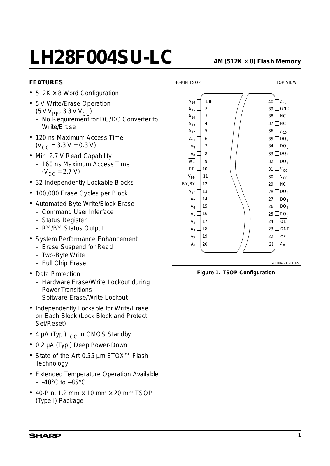 Sharp LH28F004SUT-LC15, LH28F004SUT-LC12 Datasheet