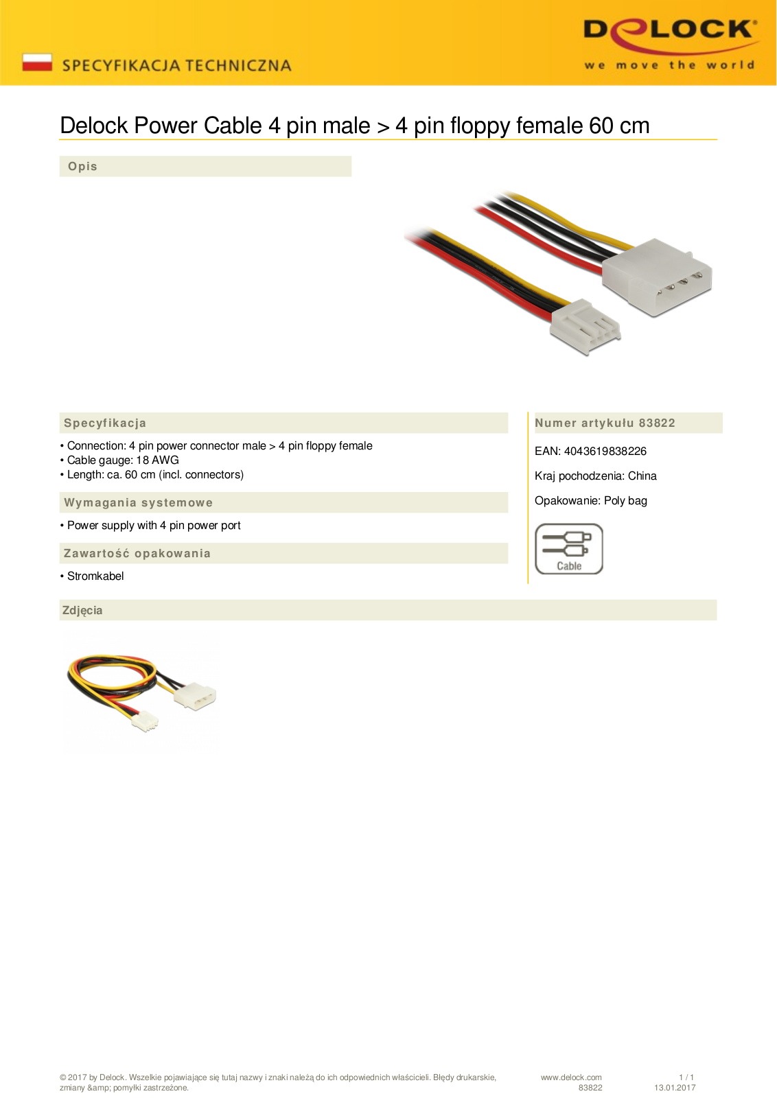 DeLOCK power cable molex 4-Pin plug on Floppy 4-Pin socket, 0.60m User Manual