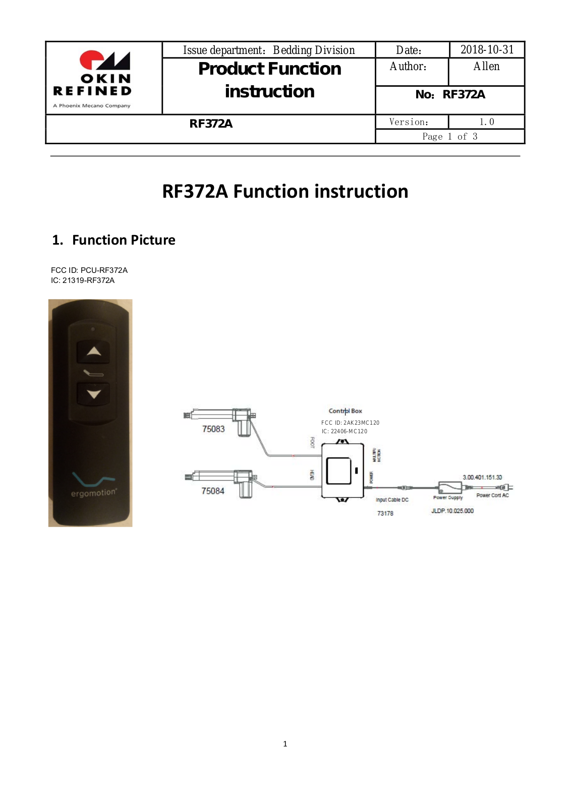 OKIN Refined Electric Technology RF372A User Manual