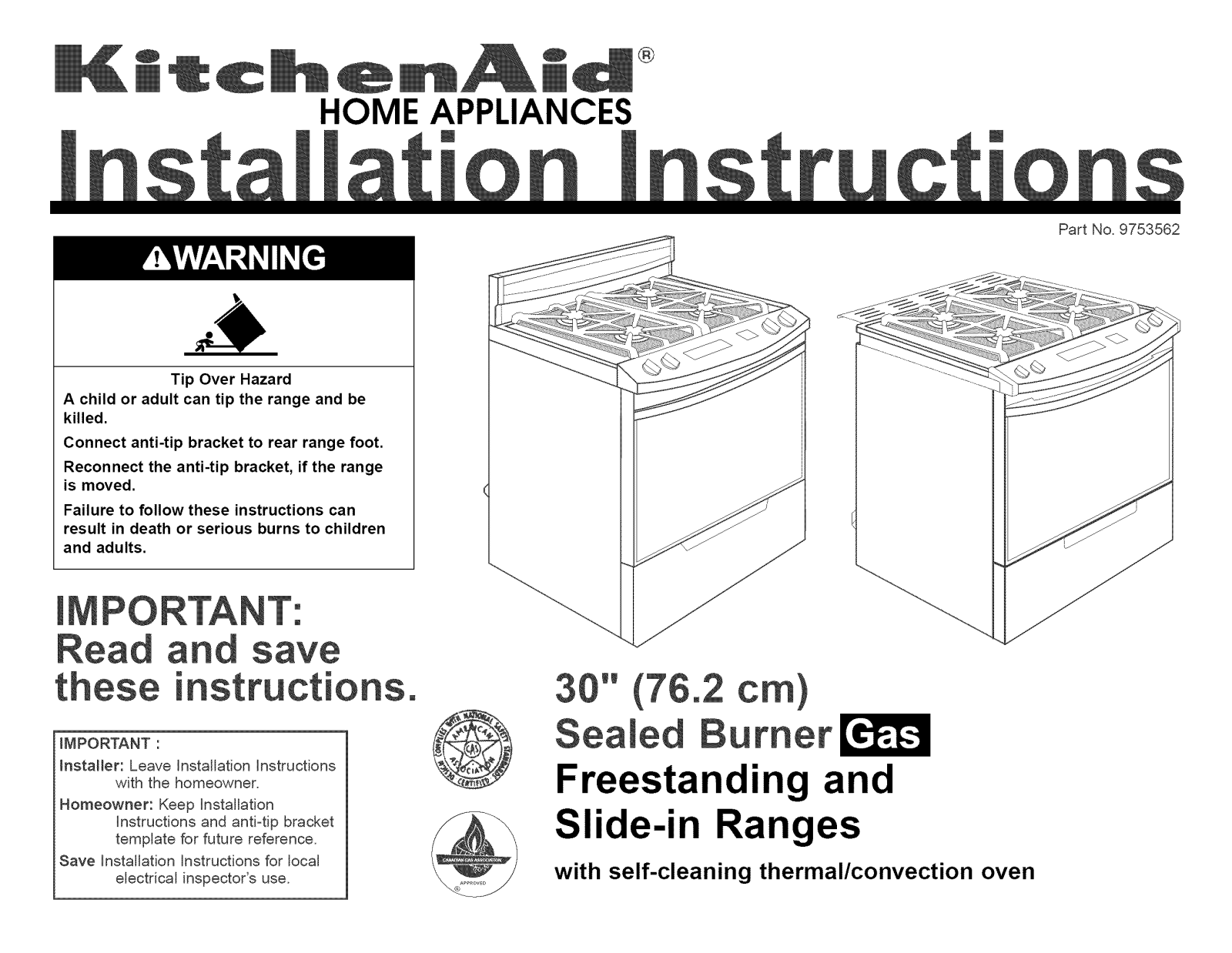 KitchenAid KGRT607HBL5, YKGST307HW5, YKGST307HS5, YKGST307HB5, YKGRT607HW5 Installation Guide