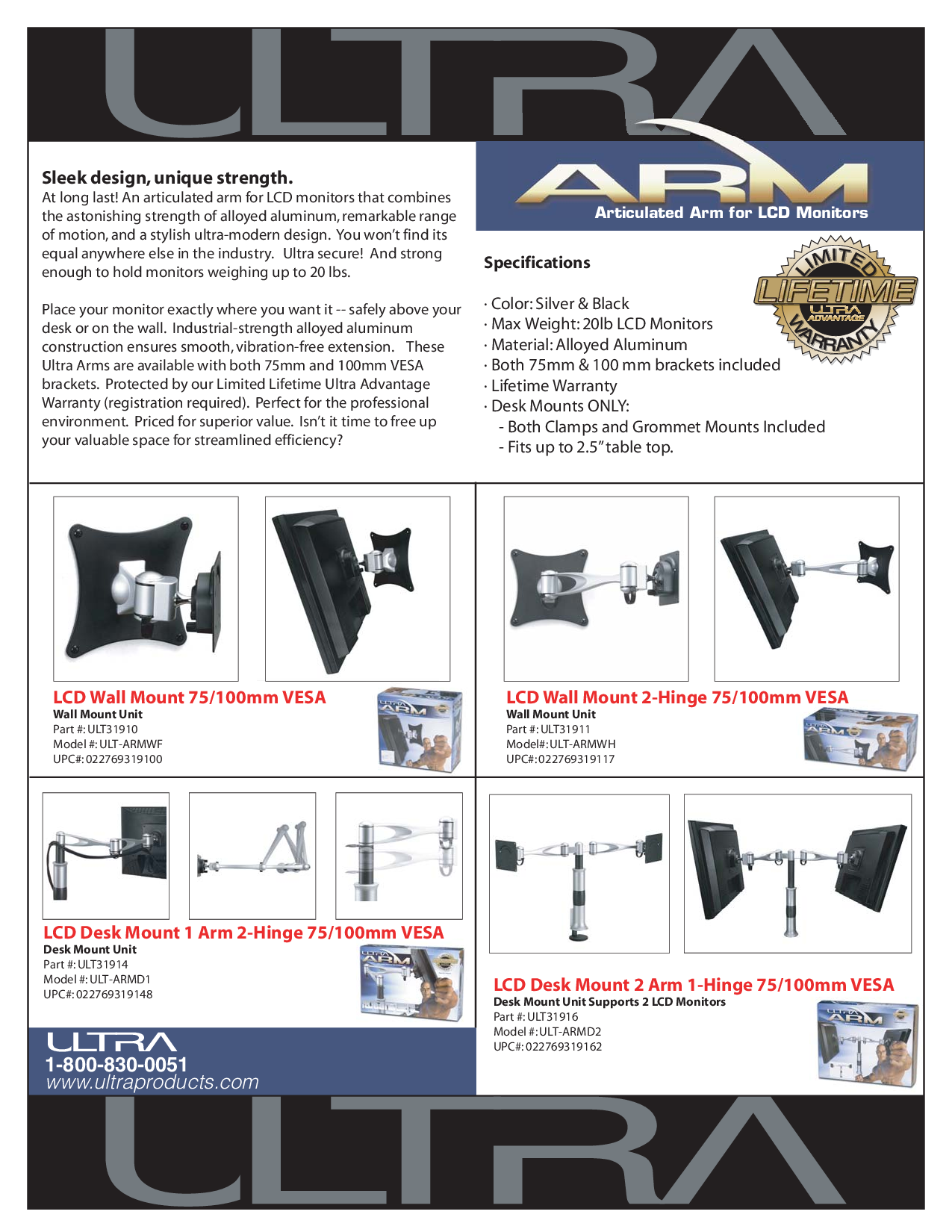 Ultra Products ULT-ARMD2, ULT31911, ULT31910, ULT31916, ULT31914, ULT-ARMWH, ULT-ARMWF, ULT-ARMD1 User Manual
