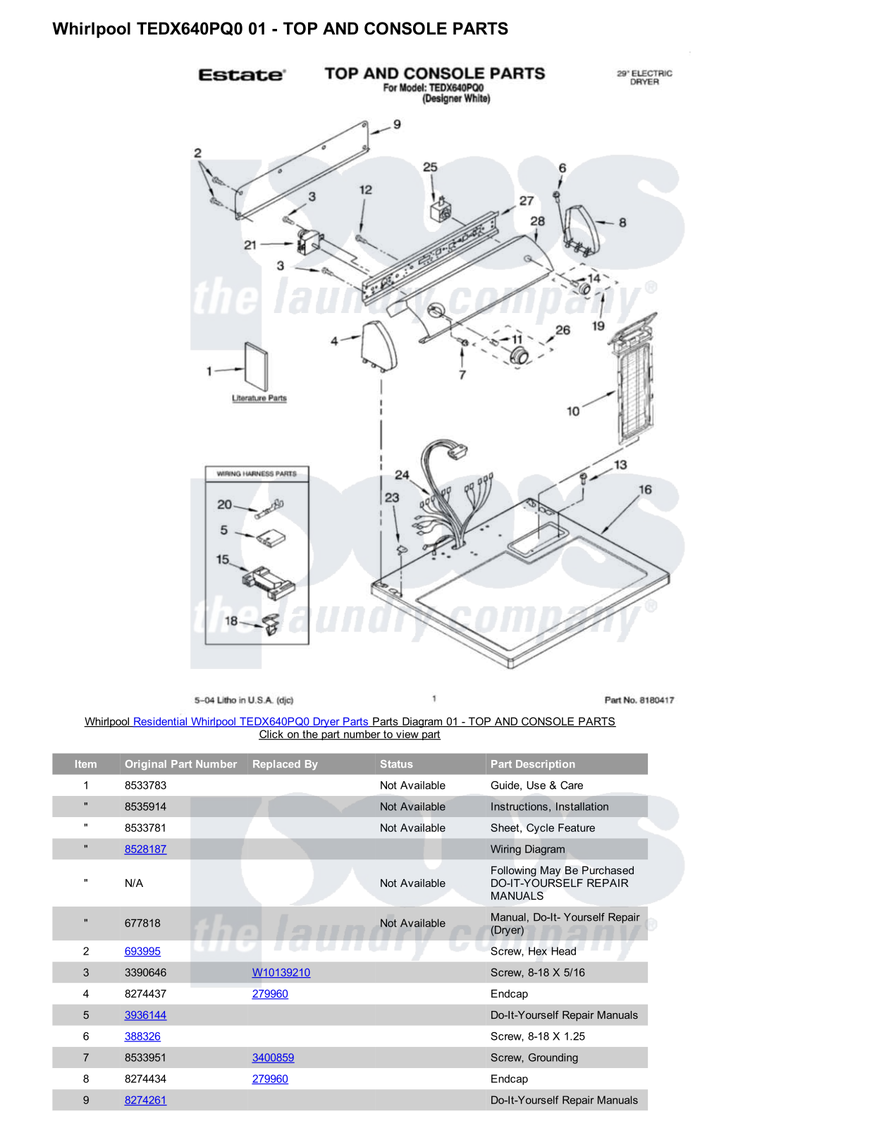 Whirlpool TEDX640PQ0 Parts Diagram