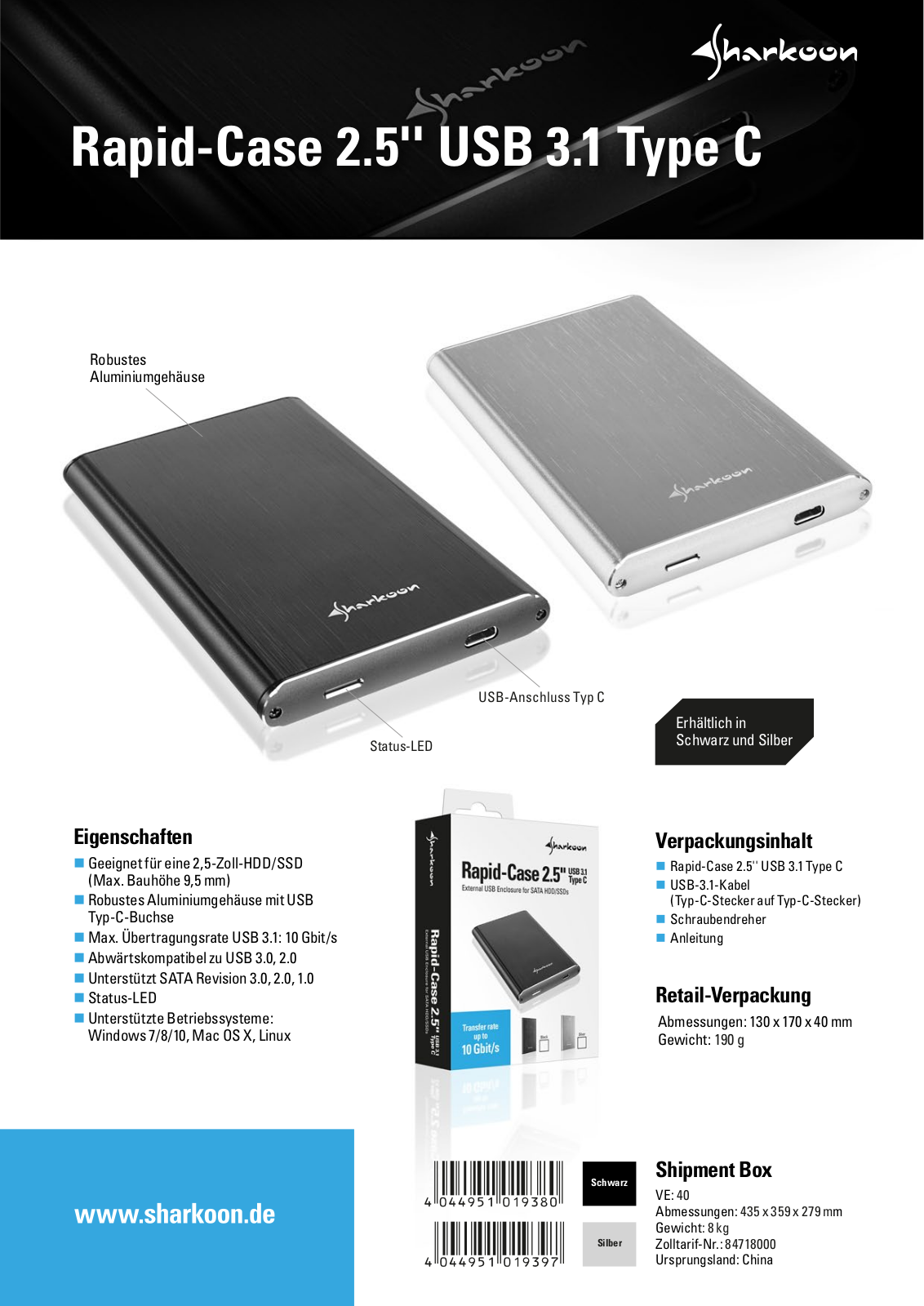 Sharkoon Rapid-Case 2.5 USB 3.1 Type C User Manual