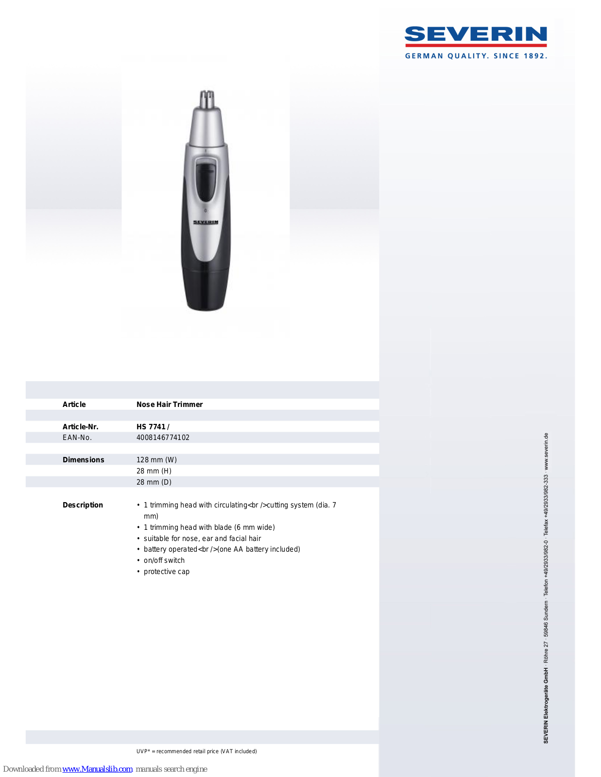 SEVERIN HS 7741,HS 7741 Dimensions