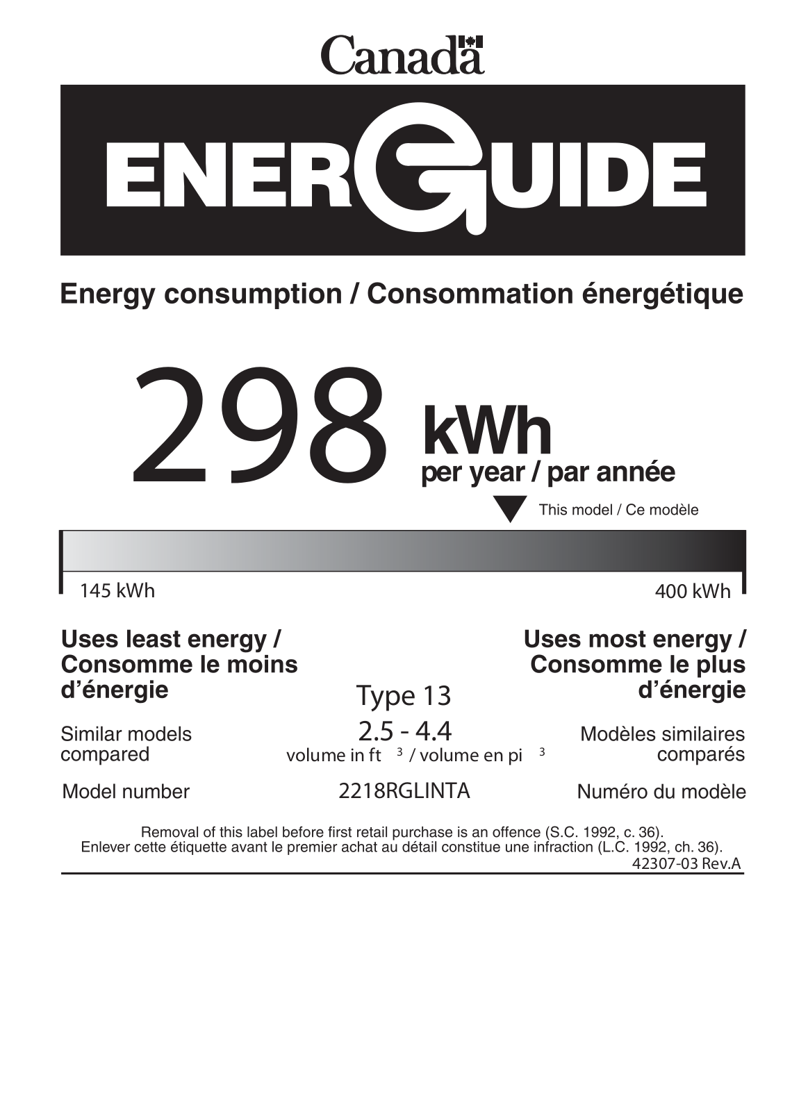 U-line U2218RGLS00A Energy Guide