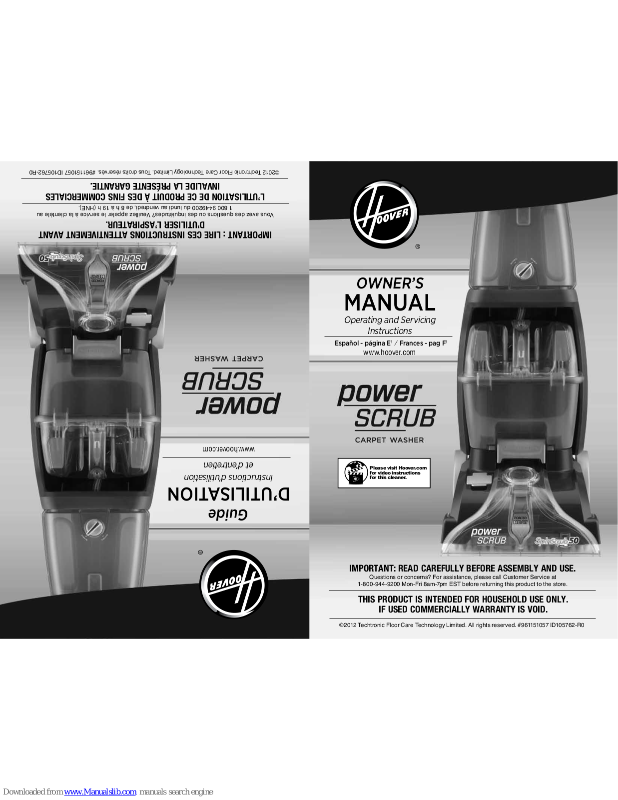 Hoover POWER SCRUB, SPINSCRUB 50 Owner's Manual