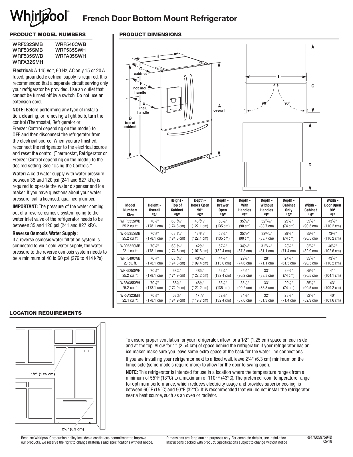 Whirlpool WRF532SMB, WRF535SMB, WRF535SWB, WRFA32SMH, WRF540CWB Dimension Guide