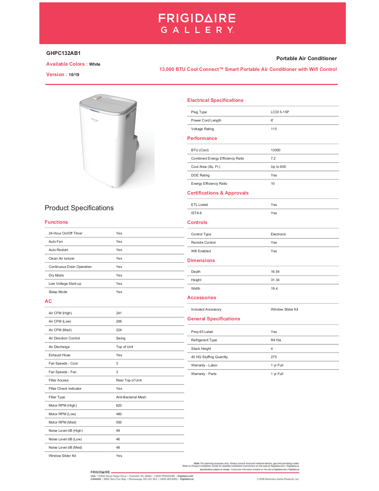 Frigidaire GHPC132AB1 Specifications