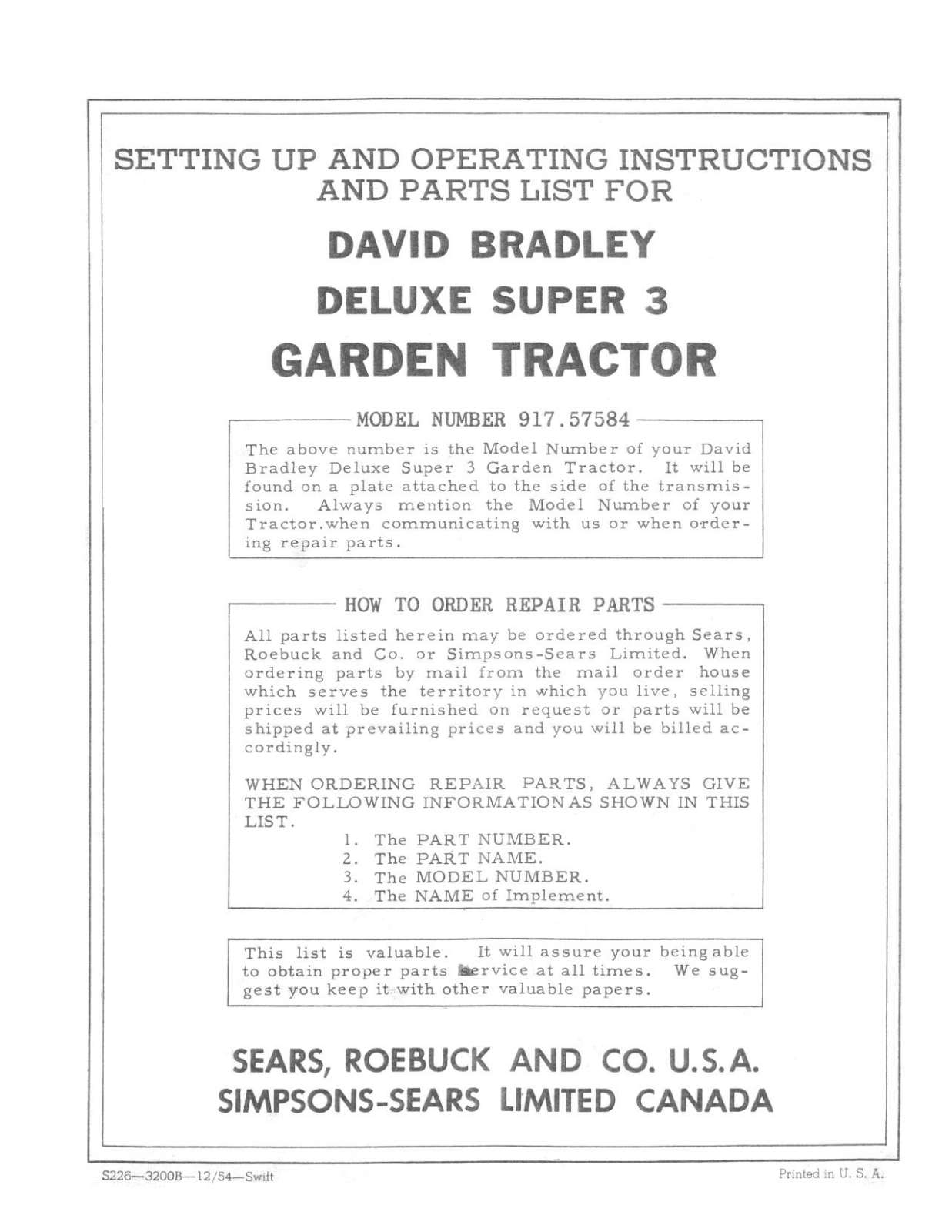 David Bradley 917.57584 Operating Instruction