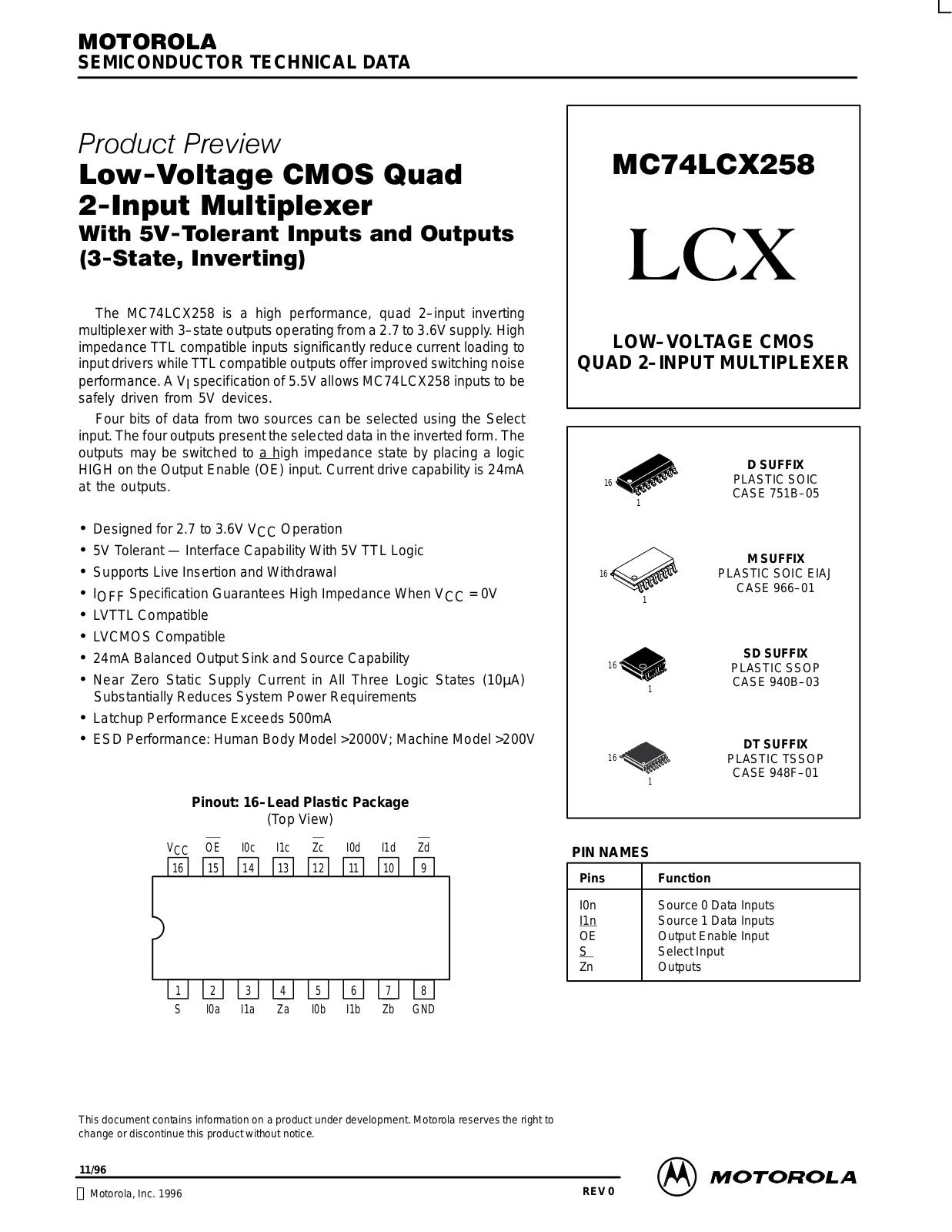 Motorola MC74LCX258D, MC74LCX258DT, MC74LCX258M, MC74LCX258SD Datasheet