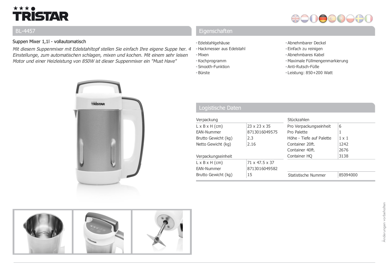 Tristar BL-4457 Technical data