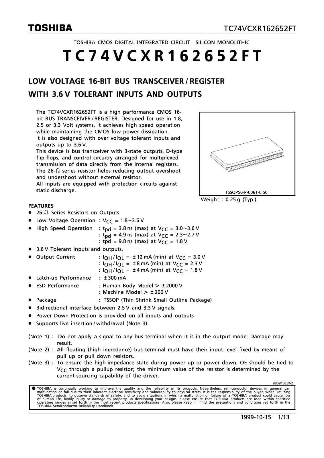 Toshiba TC74VCXR162652FT Datasheet