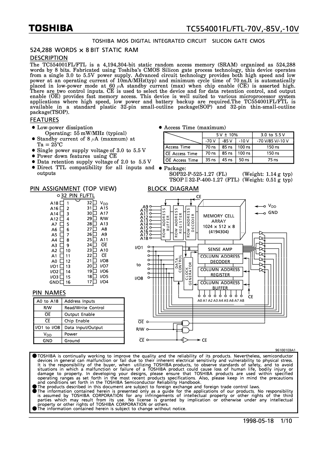 Toshiba TC554001FL-70V, TC554001FL-85V, TC554001FL-10V Datasheet