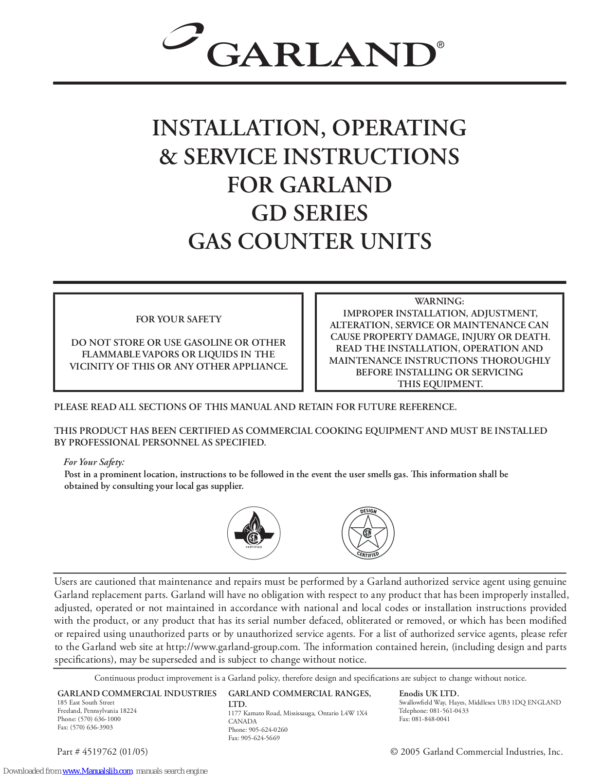 Garland GD-302HJ, GD-304HFF, GD-302HFF, GD-304HJ, GD-15F Installation, Operating & Service Instructions