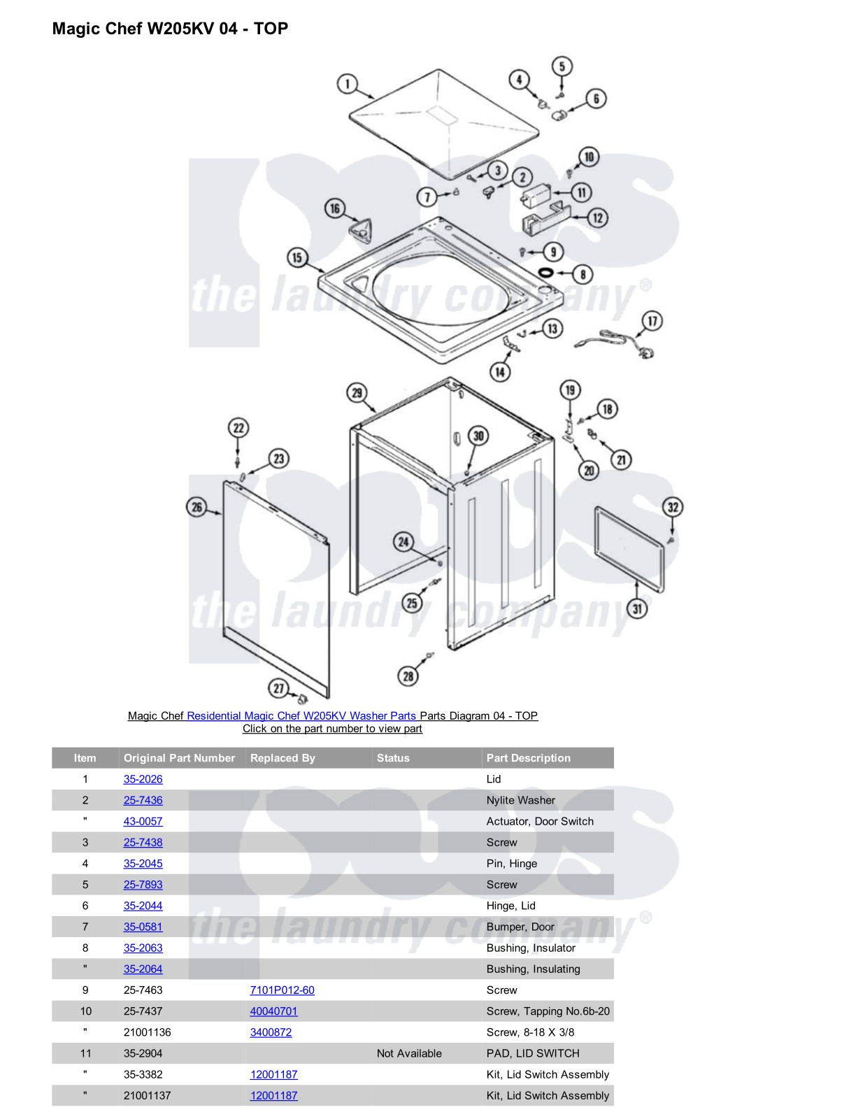 Magic Chef W205KV Parts Diagram