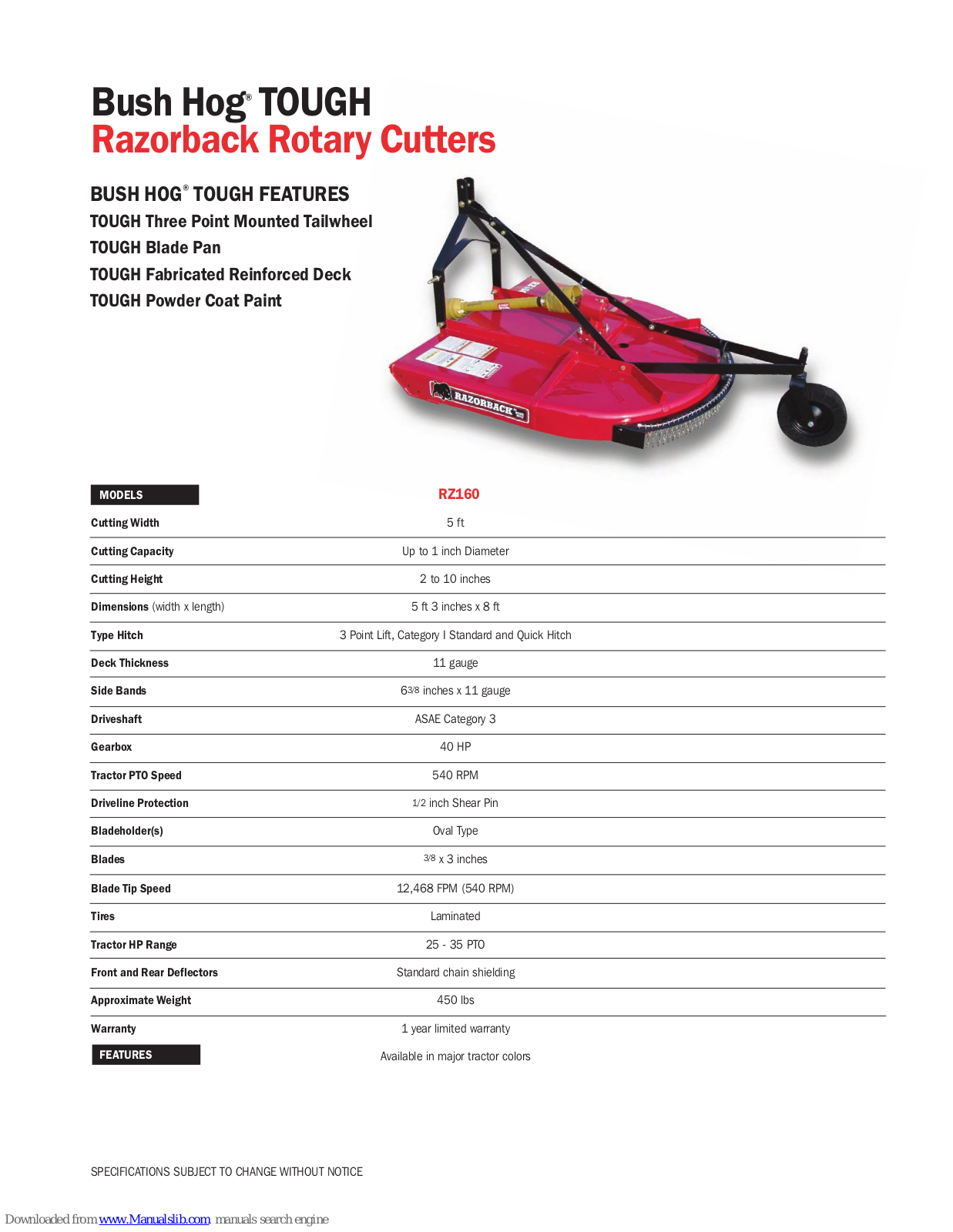 Bush Hog TOUGH Razorback RZ160 Specification Sheet