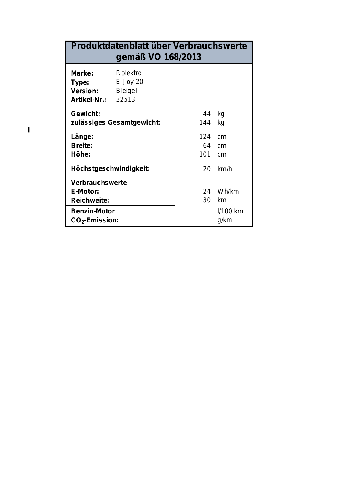 Rolektro E-Joy 20 Technical data