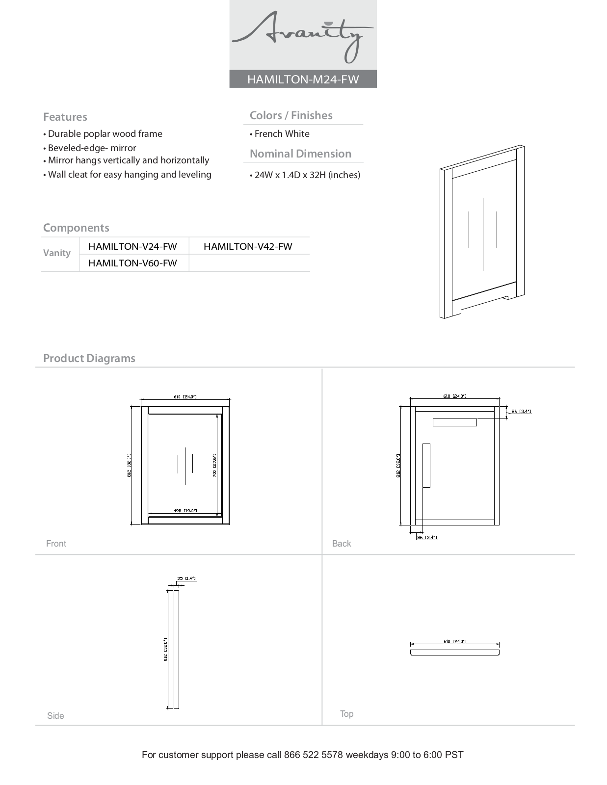 Avanity HAMILTONM24FW Specifications