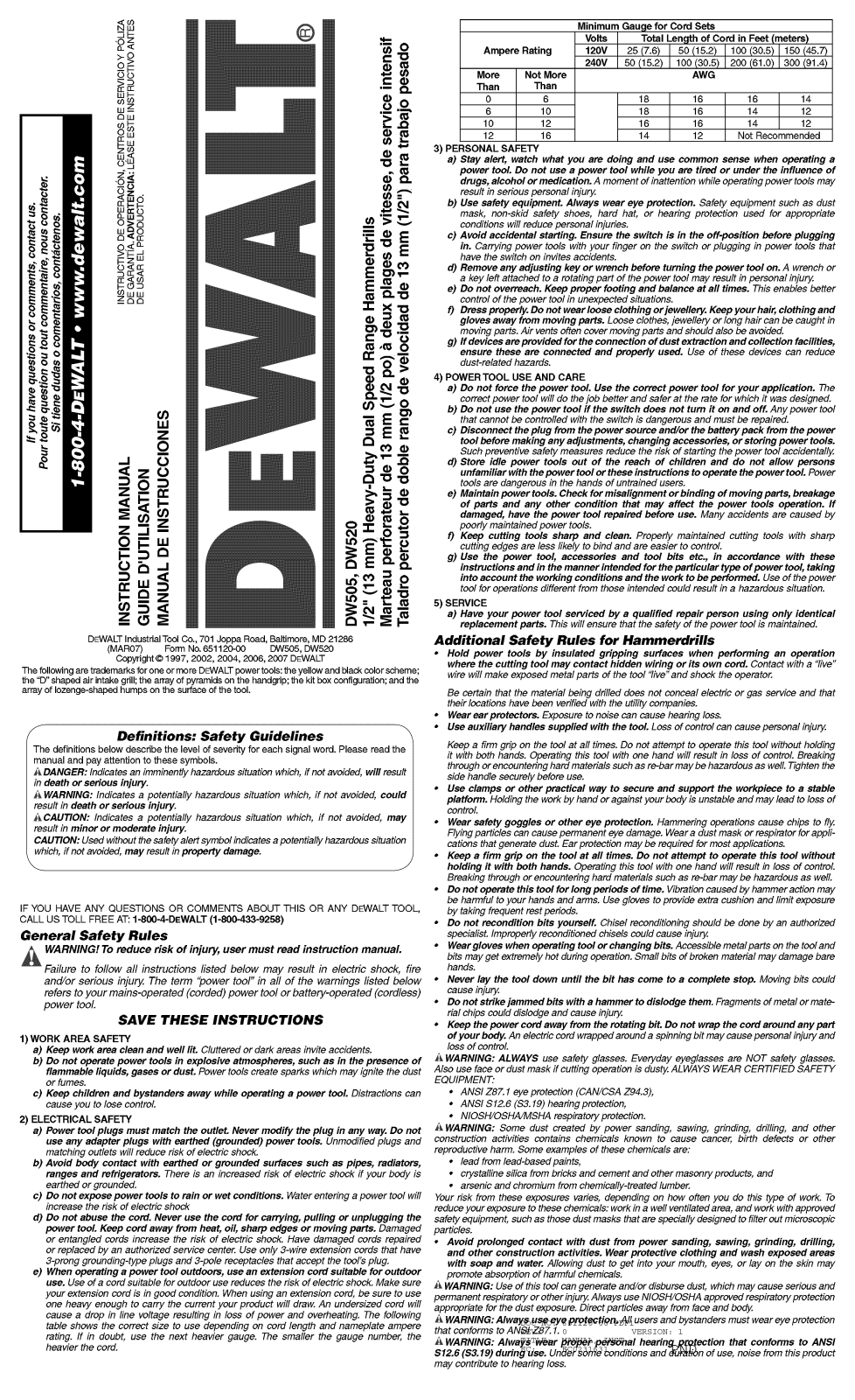 DeWalt DW505 TYPE3, DW505 TYPE2, DW505 TYPE1 Owner’s Manual